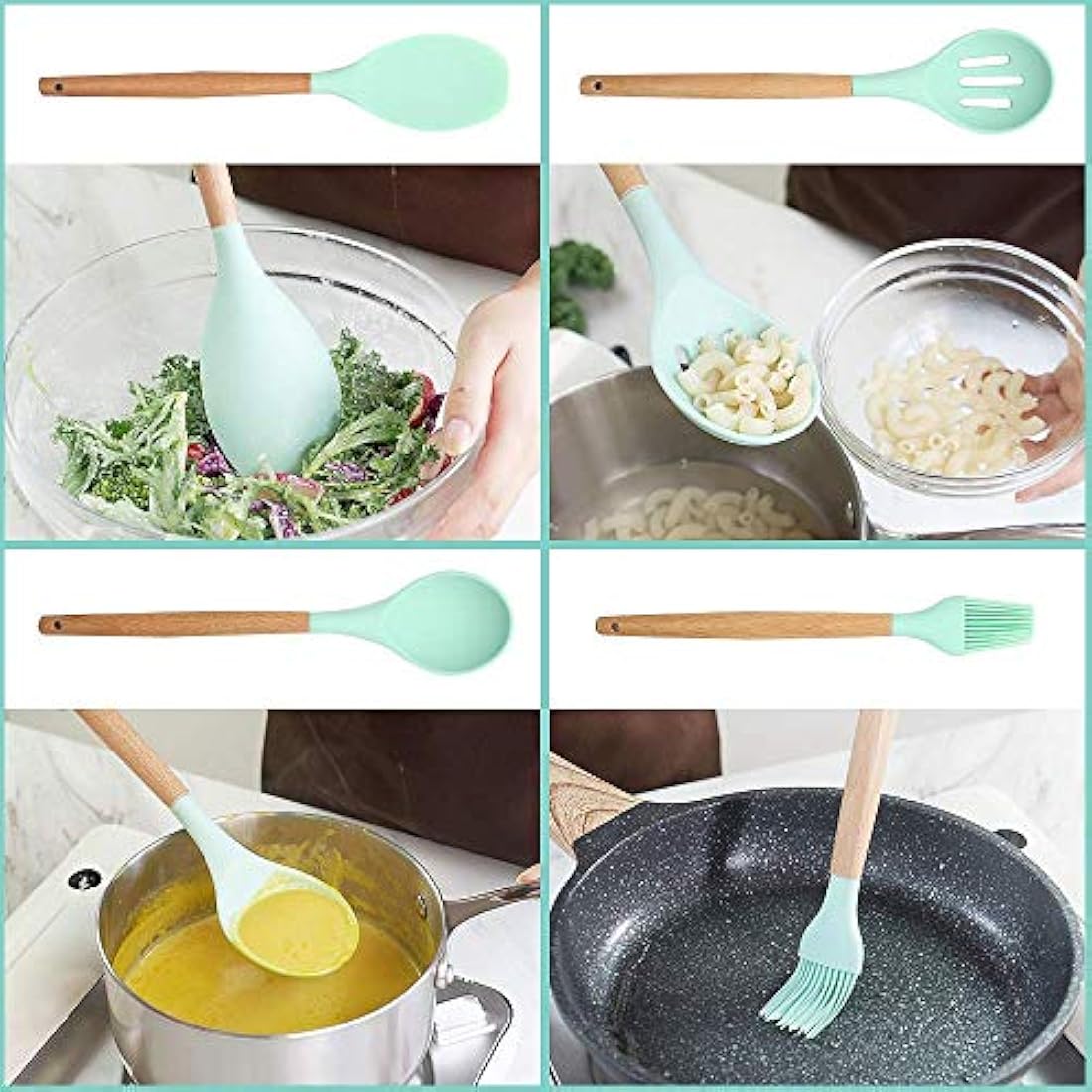 Zerobox Silicone Kitchen Utensil Set-9 Pieces Natural Wooden Handles Cooking Tools Turner Tongs Spatula Spoon for Nonstick Cookware, Mint Green