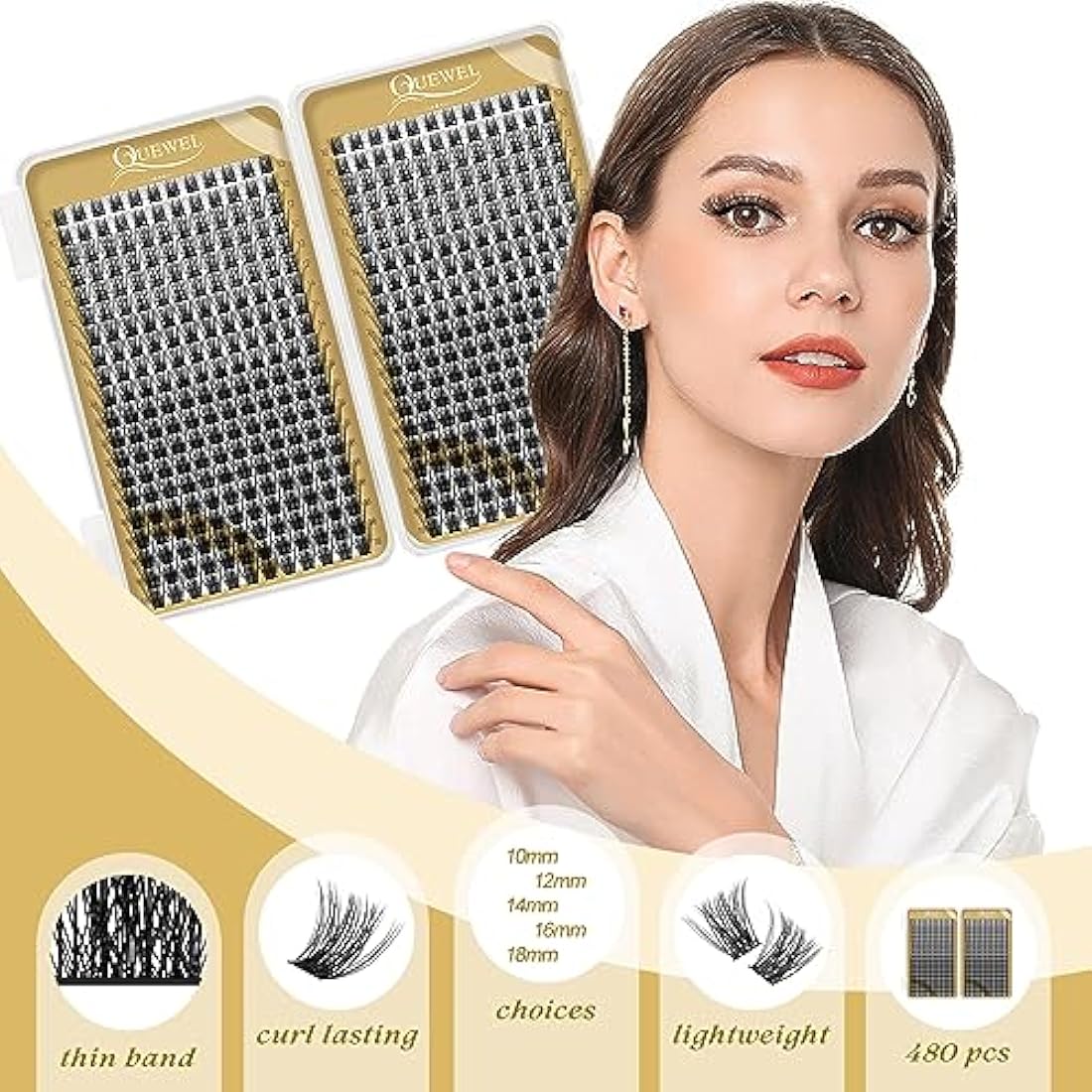 Cluster Lashes 480 Pcs QUEWEL Individual Eyelashes MIX10-18 D Curl DIY Lash Extensions Thin Band Lash Clusters Eyelashes Individual Volume False Eyelashes Soft & Light For Home Use（honey01 D MIX10-18）