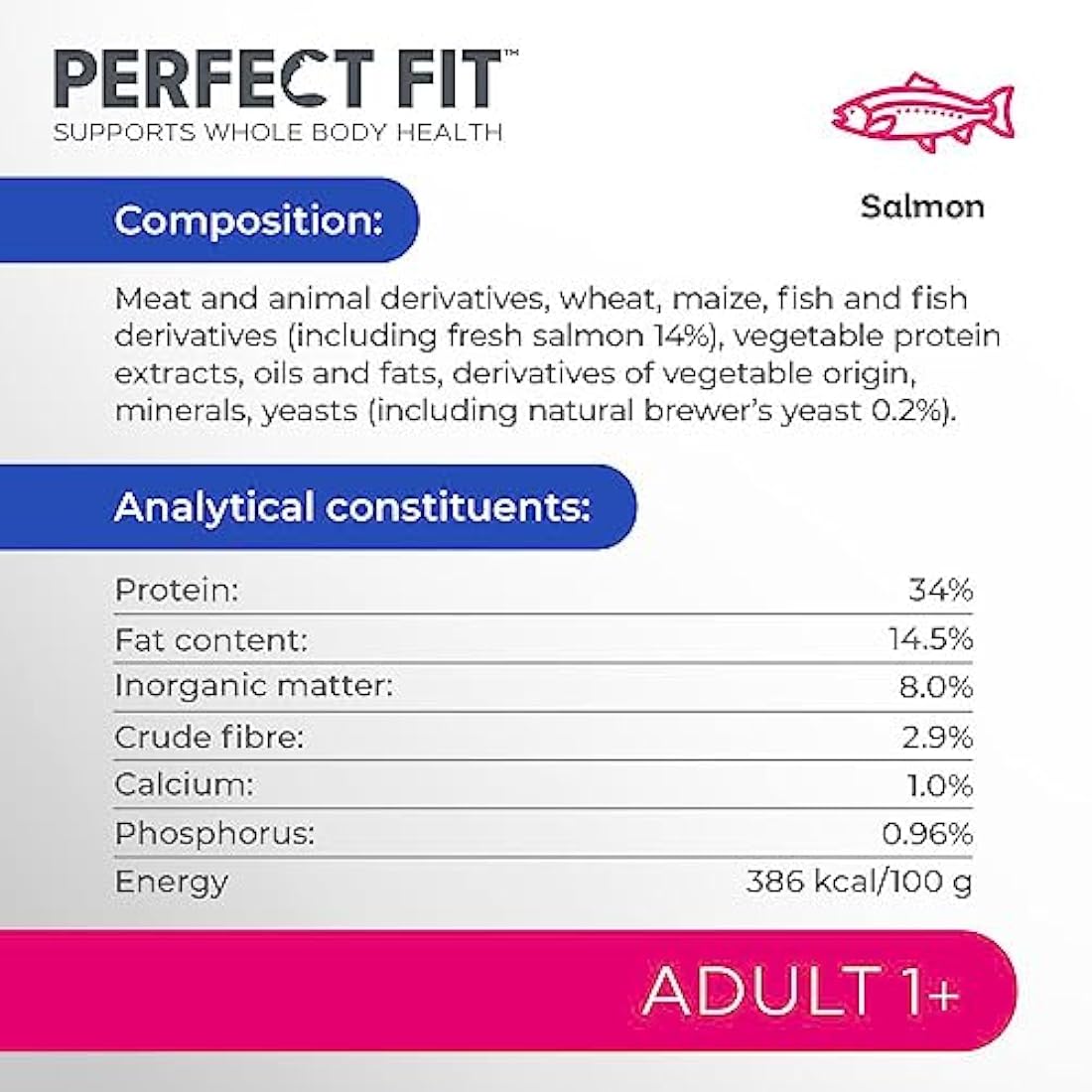 Perfect Fit Adult 1+ Complete Dry Cat Food for Adult Cats Aged 1+ Years, Rich in Salmon, 3 Bags (2.8 kg)