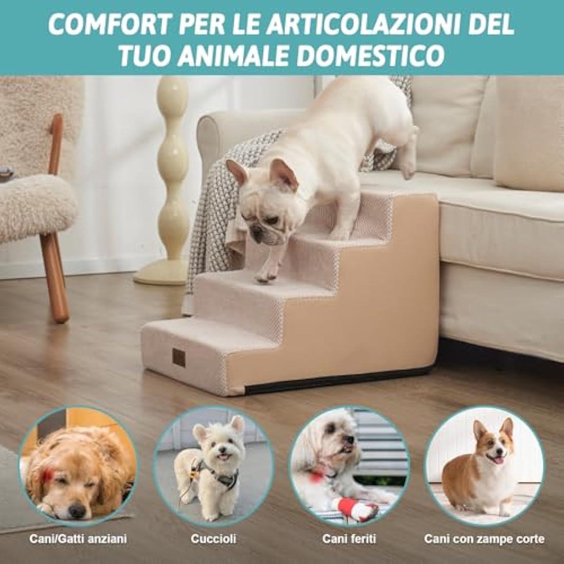 COZY KISS Wide Dog Stairs for Small Dogs, 17.7" Width Pet Steps for Bed Sofa Car, 45 cm High Non-Slip Dog Stair for Old Cats, Puppy, Small Medium Dogs, 60x45x45 cm, 4 Tiers, Beige