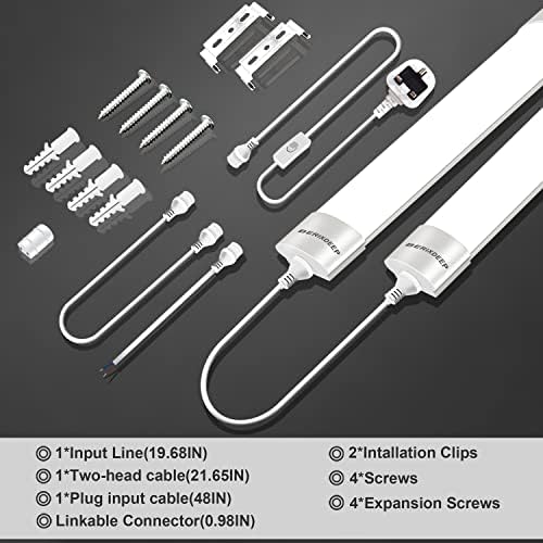 BERIXDEEP LED Batten Light 6500K Daylight, Linkable LED Fluorescent Strip Fitting for Garage, Workshop, Office, Wall, Kitchen, Shed, IP65 Waterproof Plug in Ceiling Light Strip, 4FT, 120cm, 36W