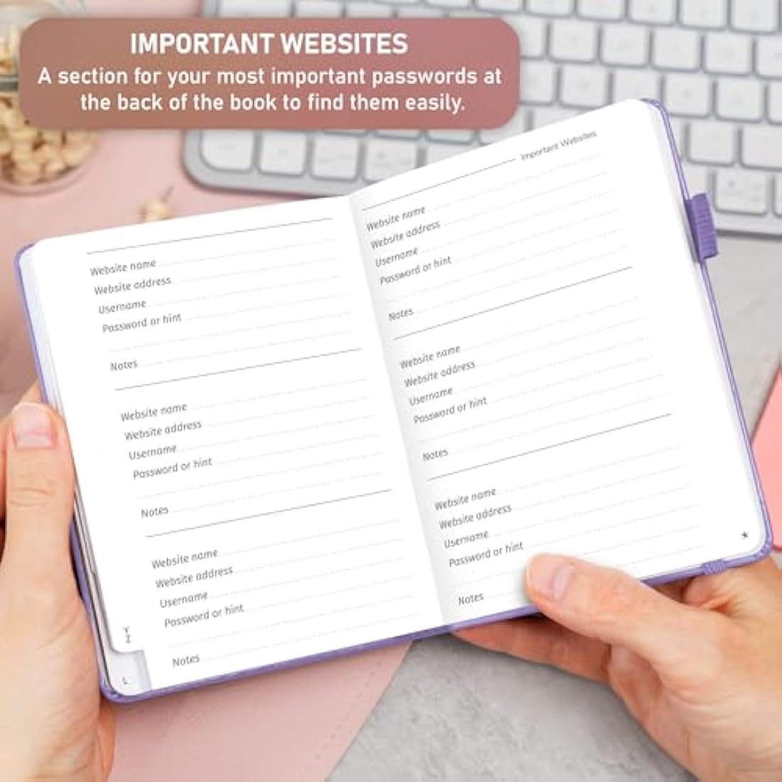 GoGirl Password Book with Alphabetical tabs – Internet Address & Password Keeper Logbook for Password Organization, Journal Notebook for Saving Website Logins. Small Size 11 x 14.5cm - Lavender
