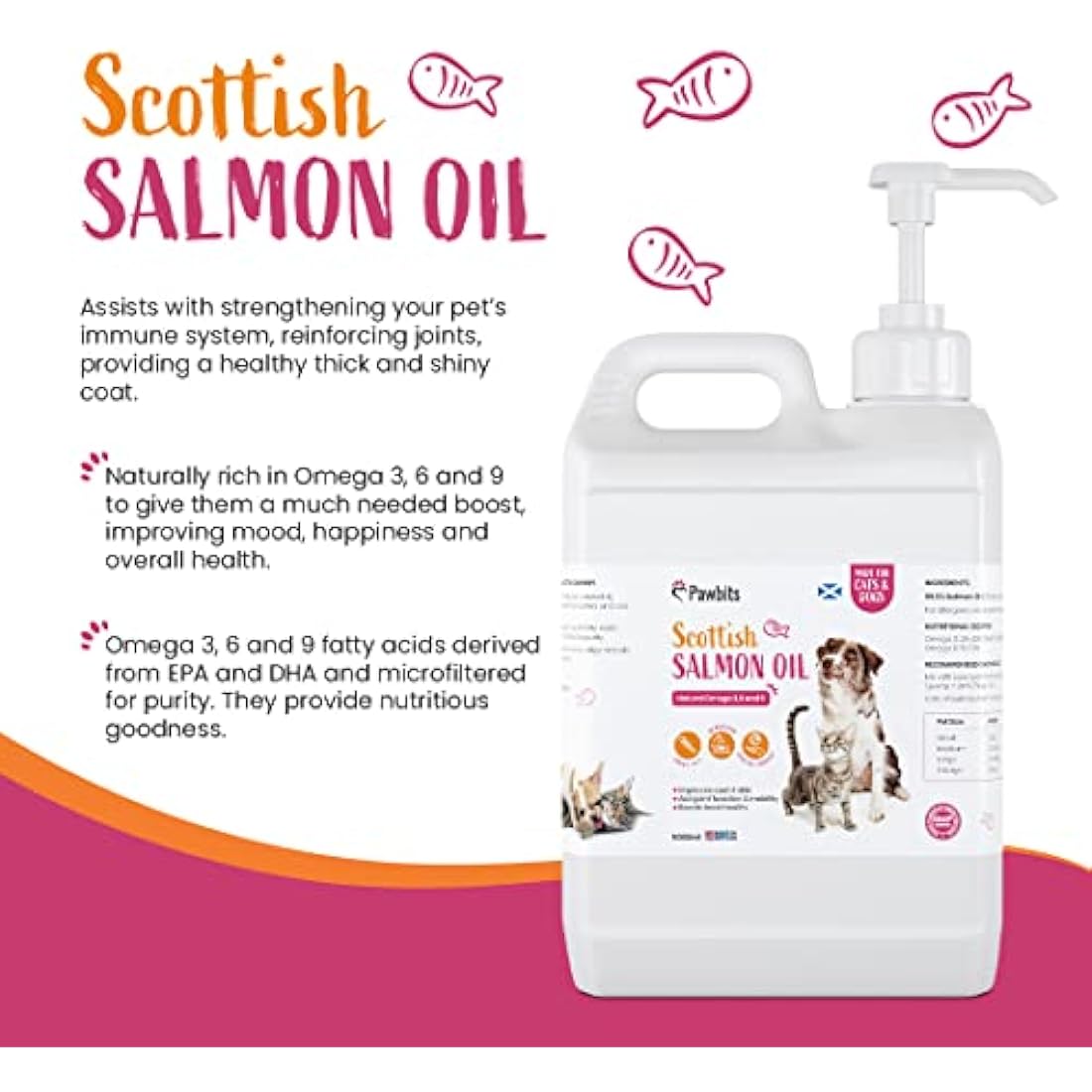Pawbits 5 Litre Scottish Salmon Oil For Cats,Dogs & Pets - Natural Omega 3+6+9, Healthy Coat & Immune System UK Made Suitable For Horses and Ferrets.