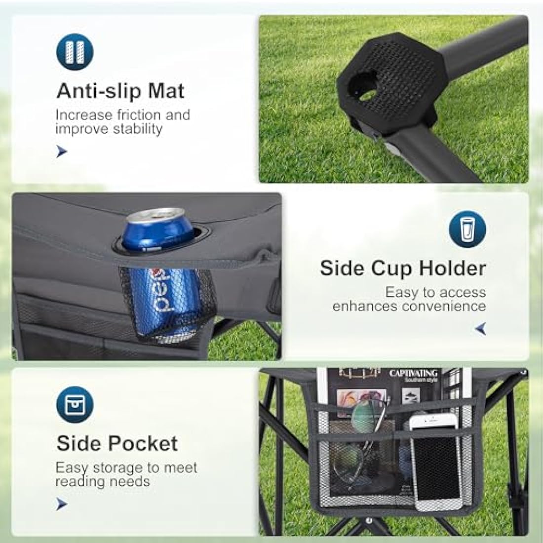 LET'S CAMP Camping Chairs 2 Pack, Set of 2 Folding Chair, Lightweight Picnic Chair with 3-Can Cooler Bag, Cup Holder,Storage Pocket, Supports 100kg (Grey)