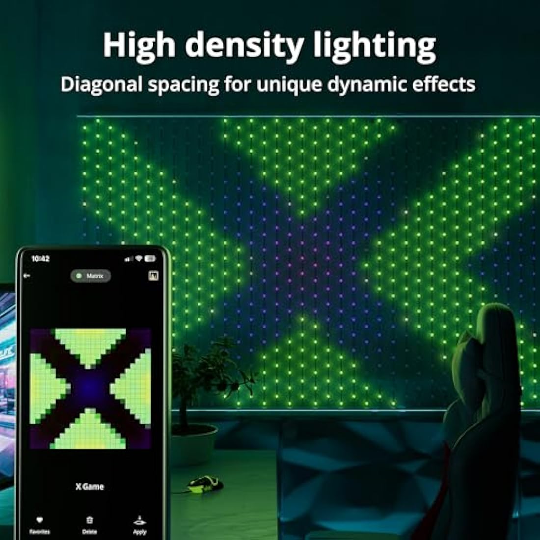 Twinkly Matrix 500 LED RGB, High Density LED Curtain, Smart Multicolor Gaming RGB Lights, Razer Chroma, Omen, Alexa, Google Home Compatible, Gaming Lights, App Control, Transparent Wire, 0.5m x 2.4m