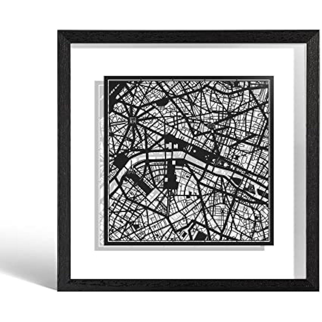 O3 DESIGN STUDIO Paris Paper Cut Map framed, Black map, Black frame, 9x9 inches, Gift Boxed, 2 background color, self-changing, Paper Art