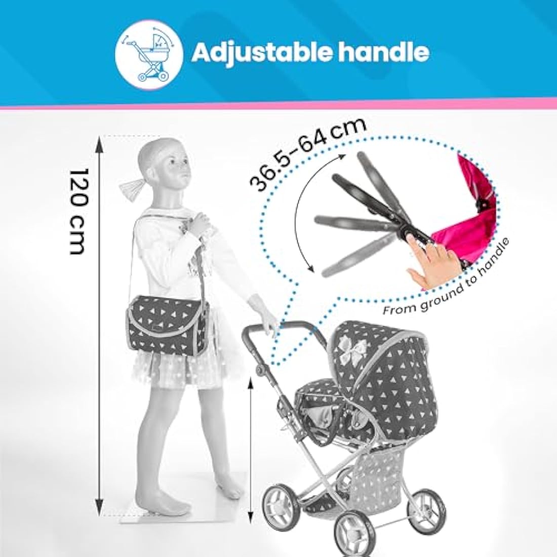 Kinderplay Dolls Pram | 3-in-1 Toy Pram | Baby Doll Pram - Toy Pushchair | Dolls Buggy | Dolls Pushchair | Doll Stroller with Adjustable Handle (36.5-64 cm), model KP0200R
