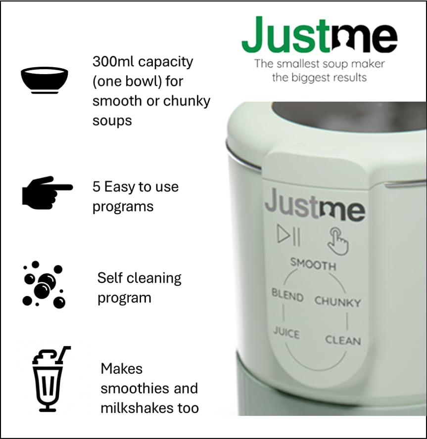 JustMe. The smallest soup maker, the biggest results. Soup maker and smoothie blender. Self cleaning. Colour: Sage green. Lightweight. Easy healthy
