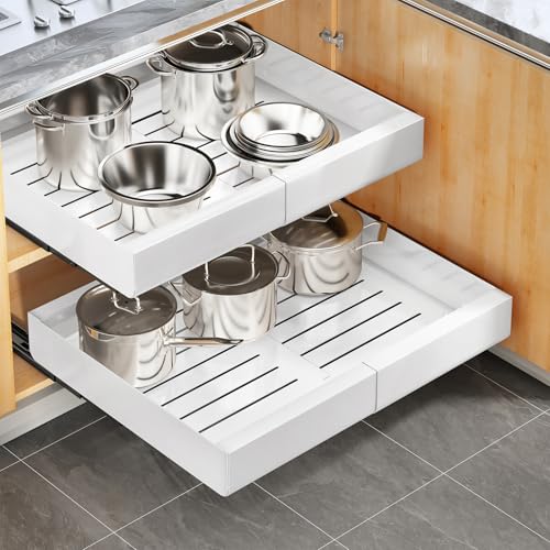 Kitstorack Pull Out Cabinet Organizer, Extendable Slide Out Drawer Storage Shelves for Kitchen Cupboard with Adhesive Film, Roll-Out Sliding Drawer