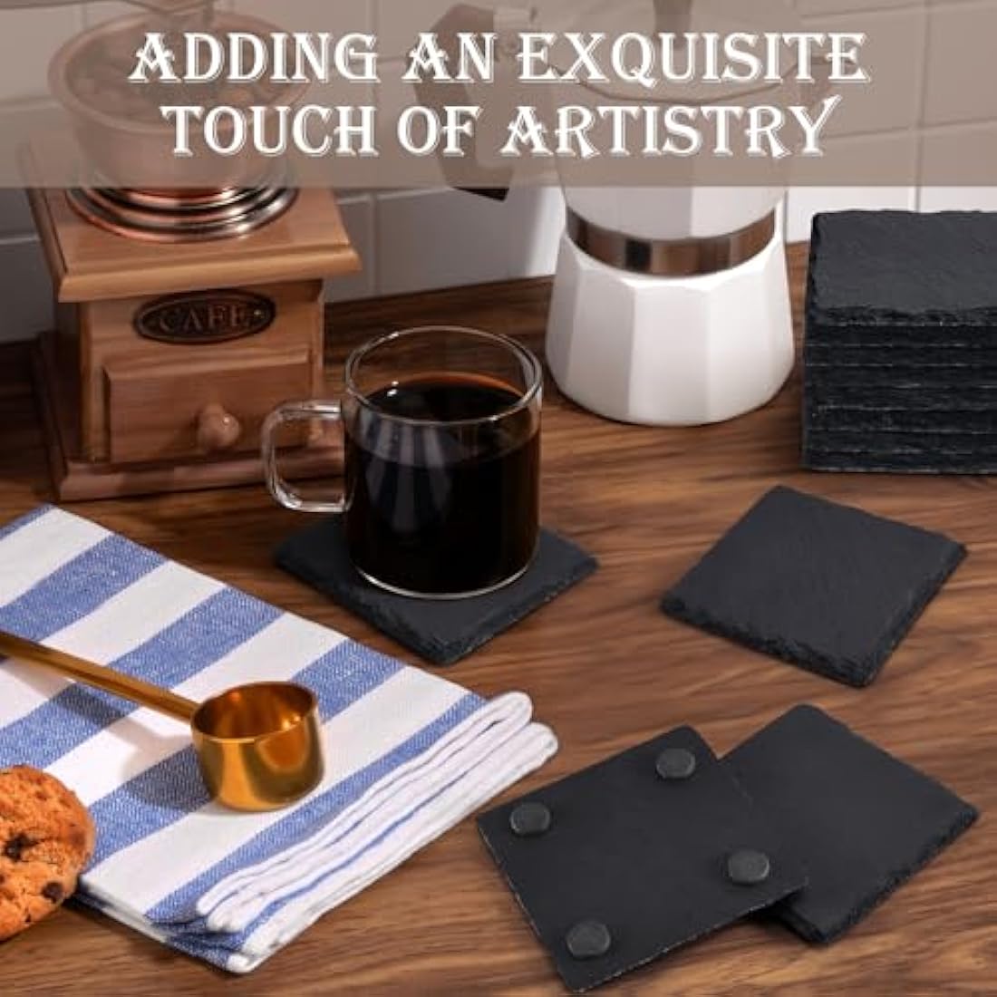 48 Pieces Slate Drink Coasters, GOH DODD 4 Inch Black Coasters Stone Coaster Set, Laser Engraving Blanks with Anti-Scratch Bottom for Home Office Kitchen Housewarming Gifts Wedding Party, Square