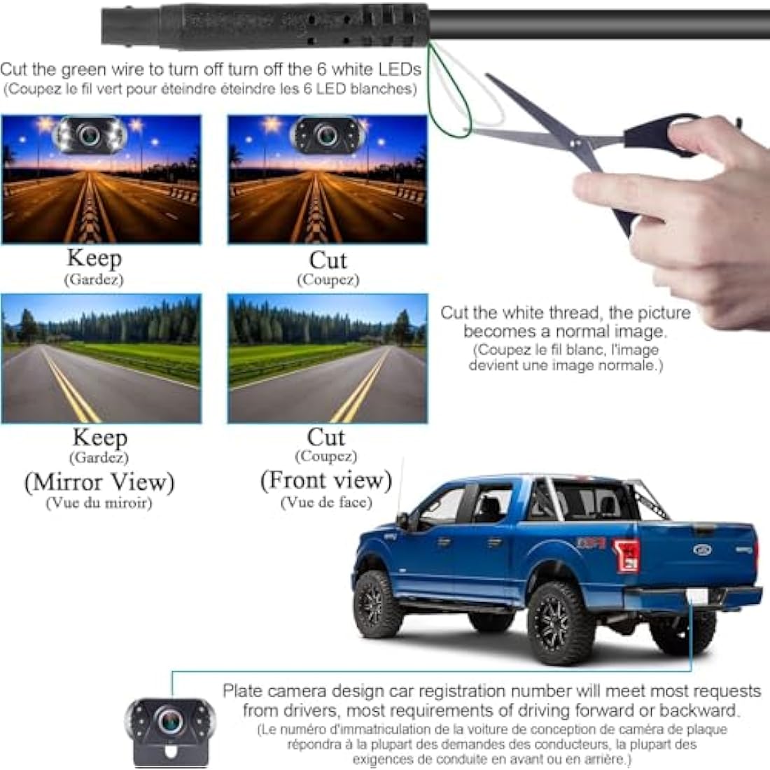Reversing Camera Ease Setup Plug-Play - Color Clear Image Night Vision DIY Guide Lines HD 1080P No-Delay Rear View Camera with Monitor Waterproof LED with On/Off Switch for Car/SUV/Truck Tomoia T1