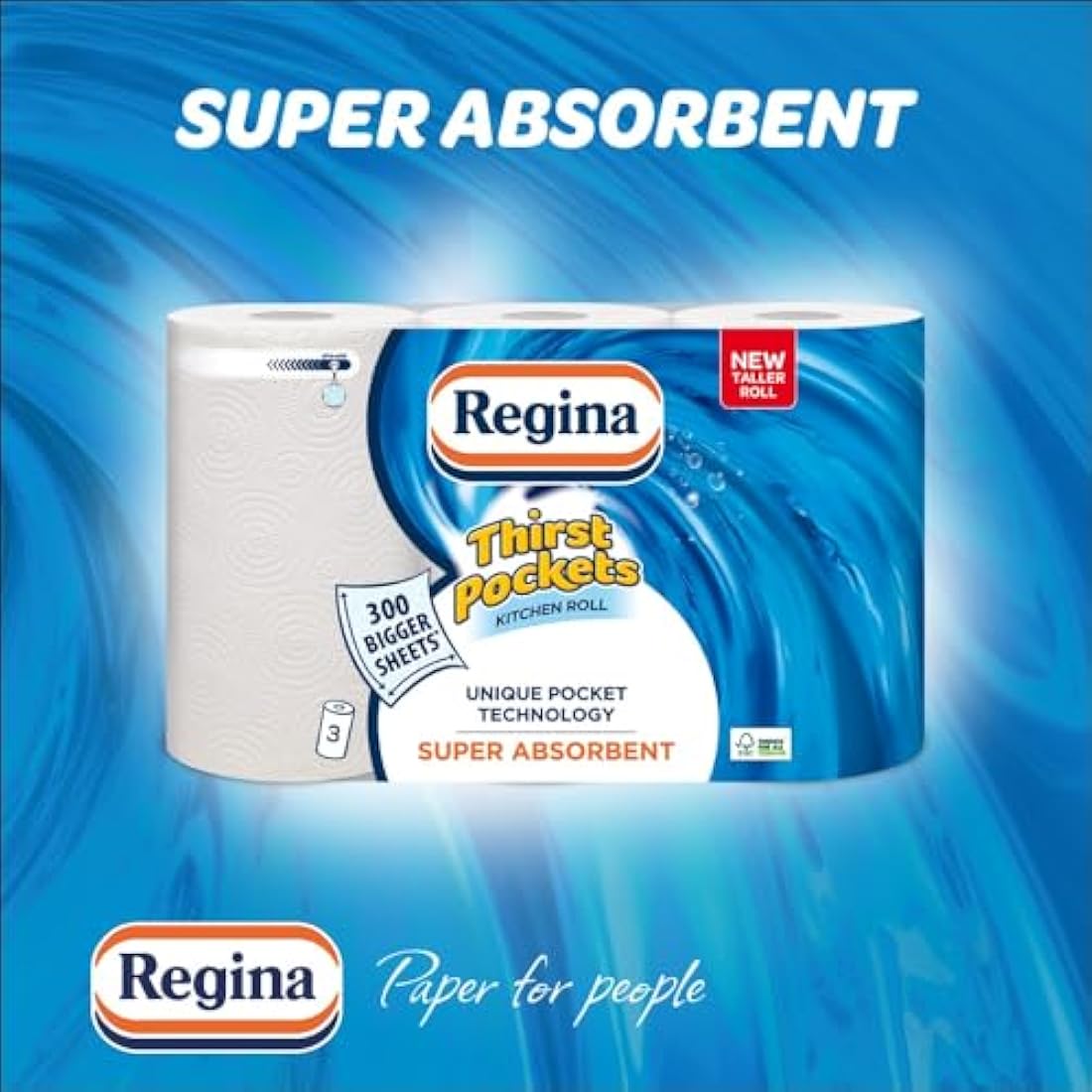 Regina Thirst Pockets Kitchen Roll - 12 Rolls, 1,200 Super Absorbent Sheets, Unique Pocket Technology, Your Ideal Kitchen Companion, FSC certified product