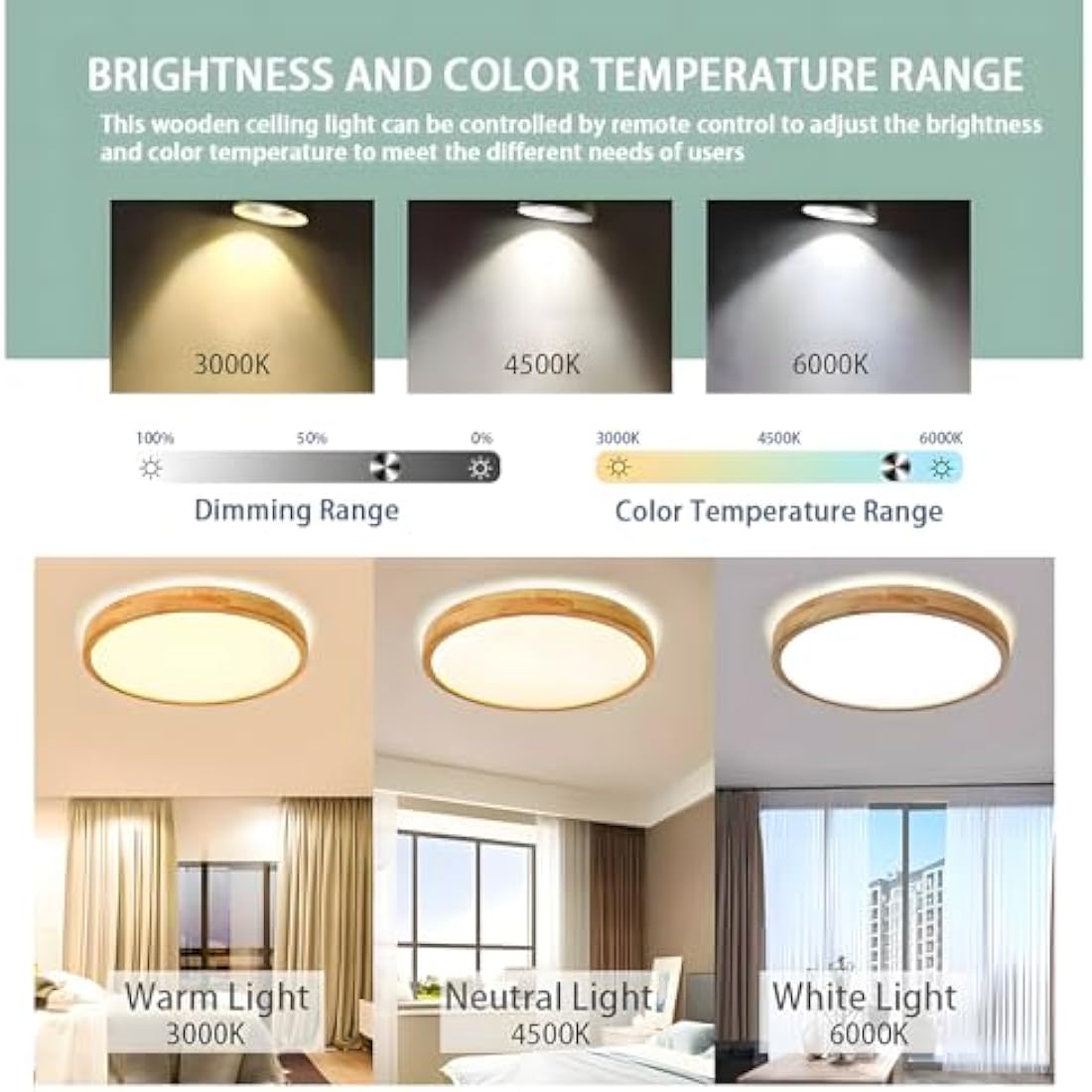 WayLuoung Wood LED Ceiling Light | Ø40cm 3000-6000K 30W | Round Top 360° Glow Natural Wooden Lamp, Bedroom Living Room Children's Room Kitchen Dining Room Home Office (Dimmable with Remote Control)