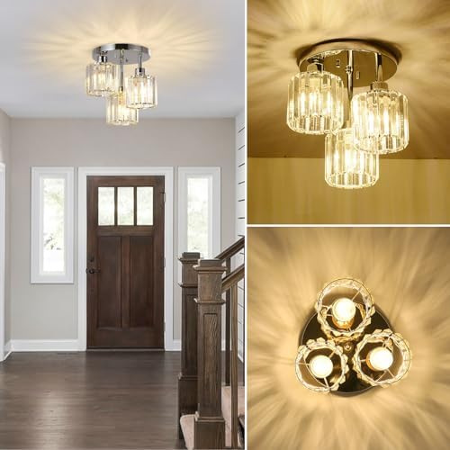 Rayofly Modern Crystal Chandeliers Ceiling Light, 3-Lights Crystal Ceiling Lights Living Room, Chrome Semi Flush Ceilings Light Fittings for Hallway, Bathroom, Bedroom, Foyer, Kitchen Light Fixture