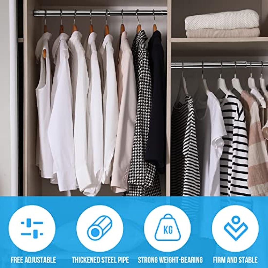 WAENLIR 112cm-210cm Extendable Stainless Steel Wardrobe Rail, Adjustable Clothes Rail Pole With End Sockets.