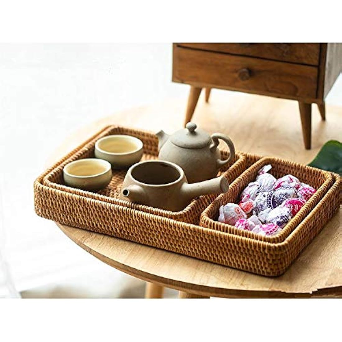 Set of 3, Rattan Serving Tray, Rectangular Wicker Tray, Natural Woven Decorative Serving Baskets for Organizing Tabletop Kitchen Counter