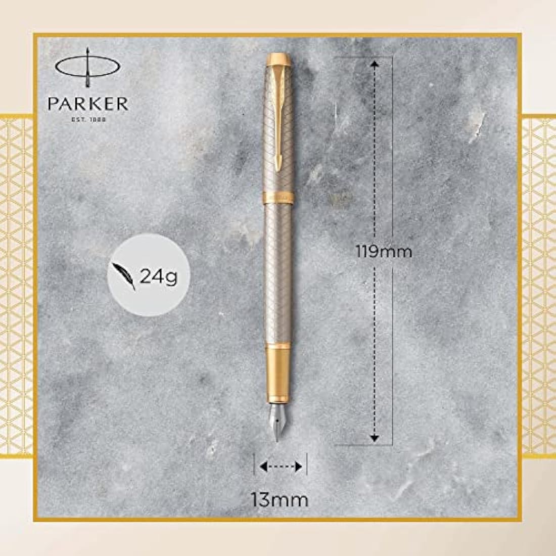 Parker Pen IM Premium Metal Fountain Pen - Warm Silver Champagne with Diamond Pattern - Gold Trim - Fine Nib - Black Ink - Gift Boxed