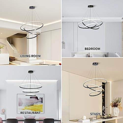 Led Pendant,Dimmable 3 Ring Acrylic Chandelier Lighting Fixture,Black Adjustable Chandeliers Ceiling Light for Kitchen Island Dining Room Living Room Bedroom Foyer Hanging 20+40+60Cm/(7.87+15.7+23.6)