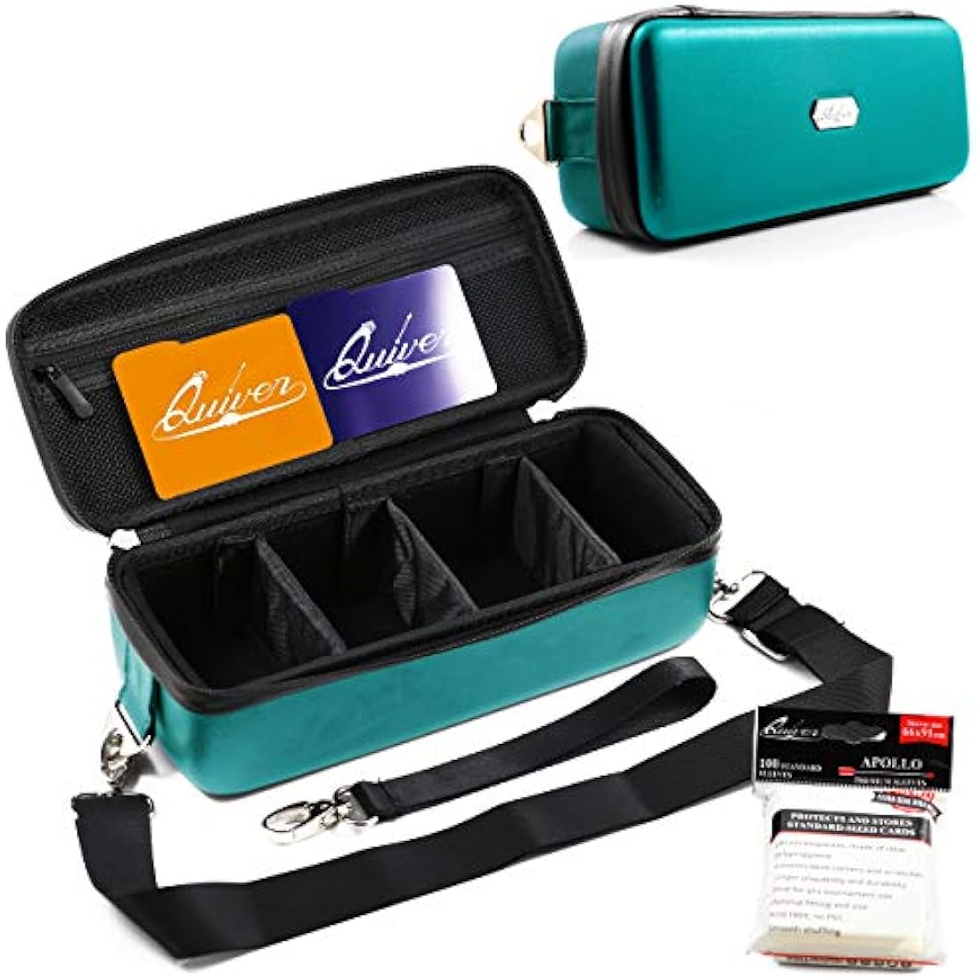 Quiver Time Teal Bolt Card Carrying Case fits PM Cards and other TCG Games - Storage Bag for Playing/Trading Cards and Deck Box (Straps, Dividers & 100 Apollo Card Sleeves)