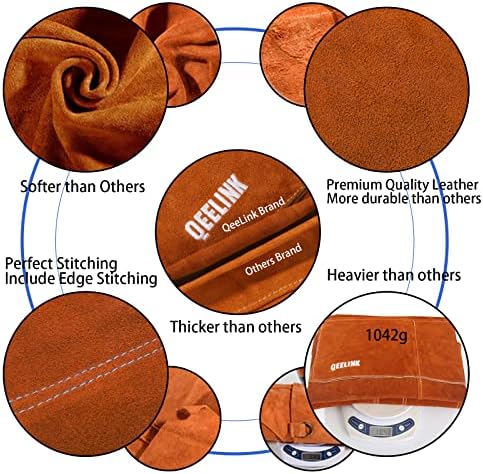 QeeLink Leather Welding Apron with Gloves for Men and Women, Work for Carpenter, Woodworker with 6 Pockets, Adjustable M to XXL