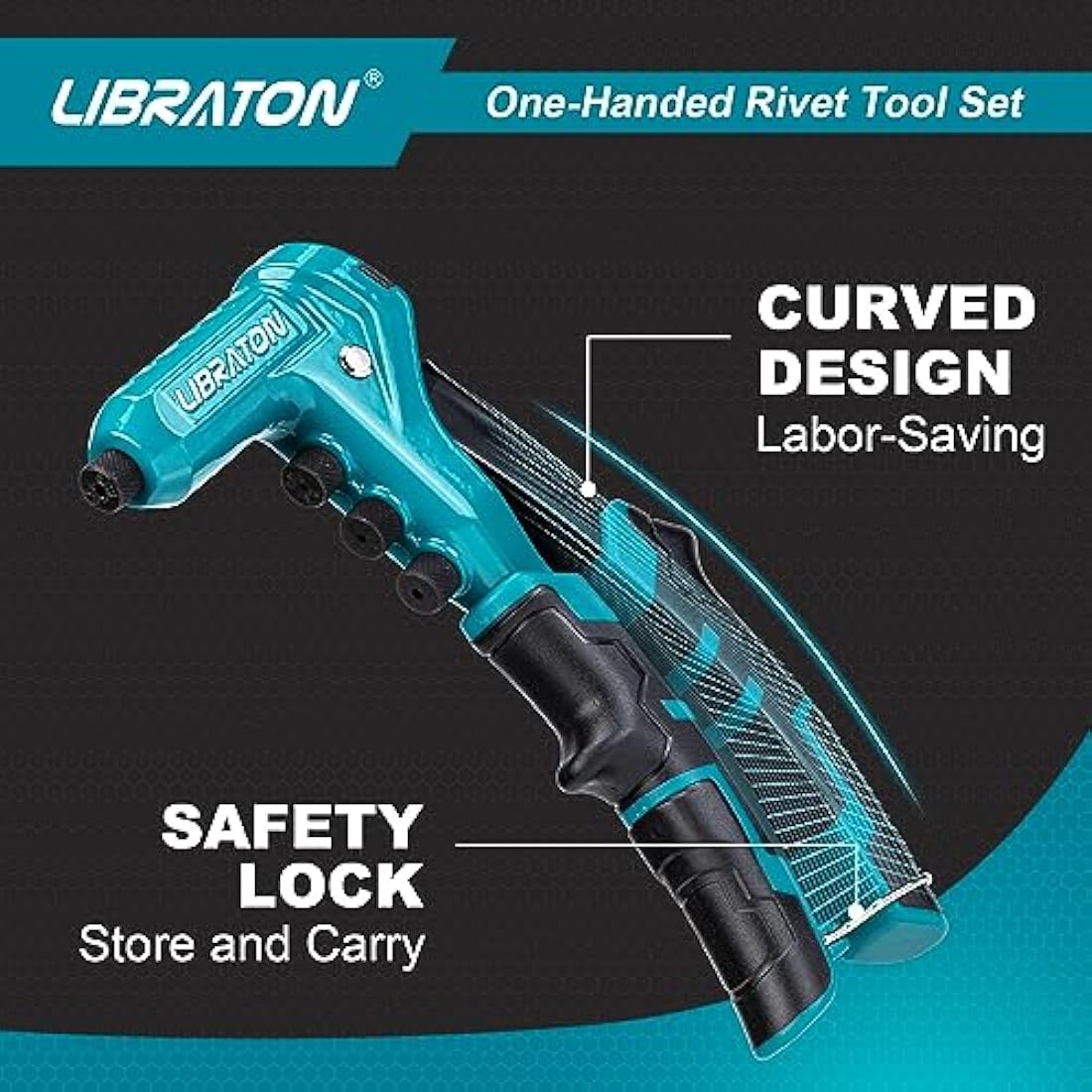 Libraton One-Handed Rivet Gun, Pop Rivet Gun Set, Professional Hand Riveter, Manual Riveting Tool with 200 Rivets for Metal, Includes 4 Drill Bits, 4 Tool-Free Interchangeable Heads, Storage Case