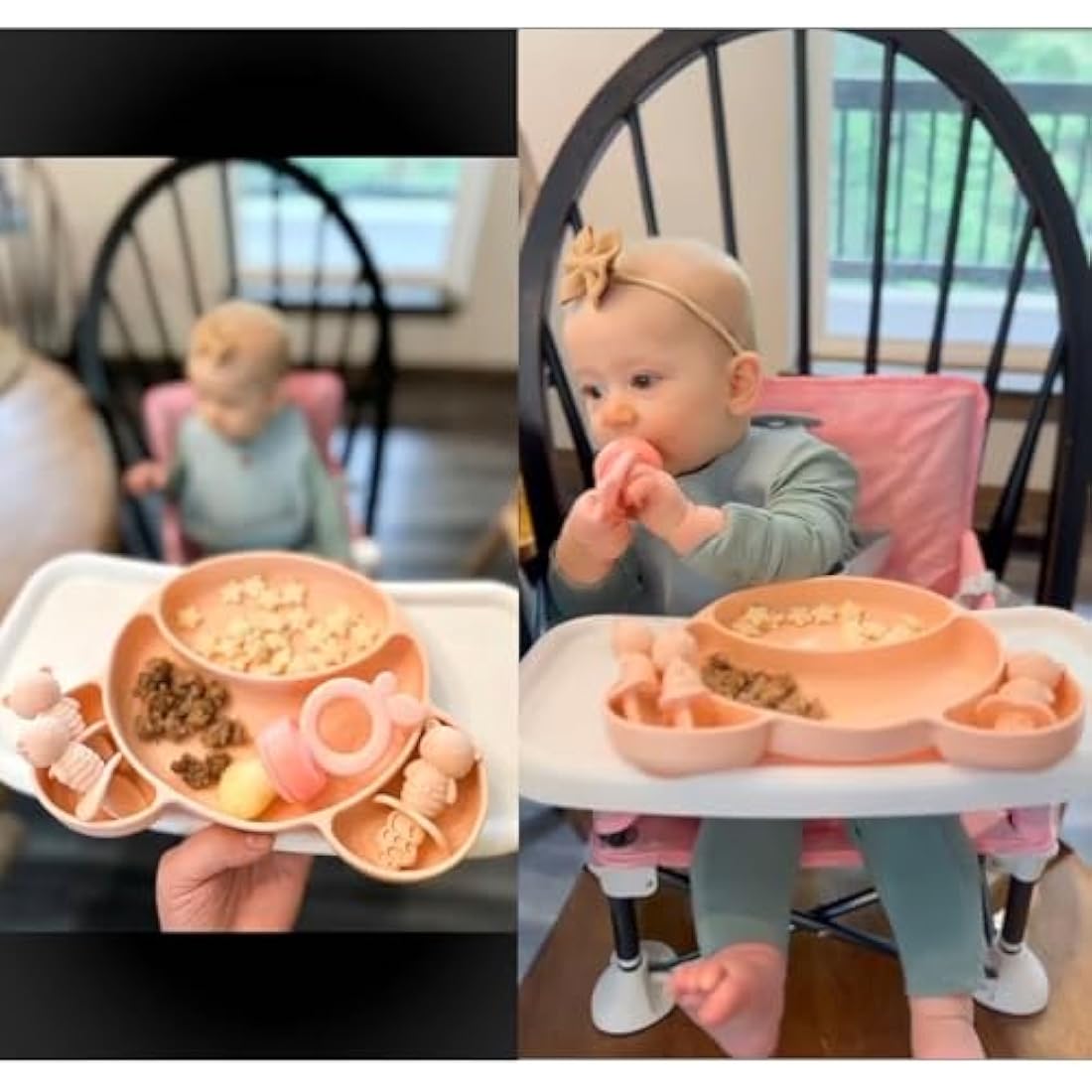 PandaEar Silicone Suction Plate, Spoon and Fork Set, Toddler Self-Feeding, BPA Free, Dishwasher & Microwave Safe, Bear Shape (Pink)
