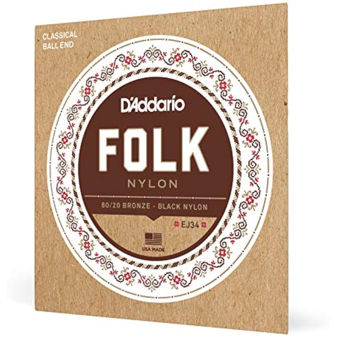 D'Addario Folk Nylon Classical Guitar Ball End String Set, Nylon, EJ34 Black Trebles 80/20 Bronze Basses
