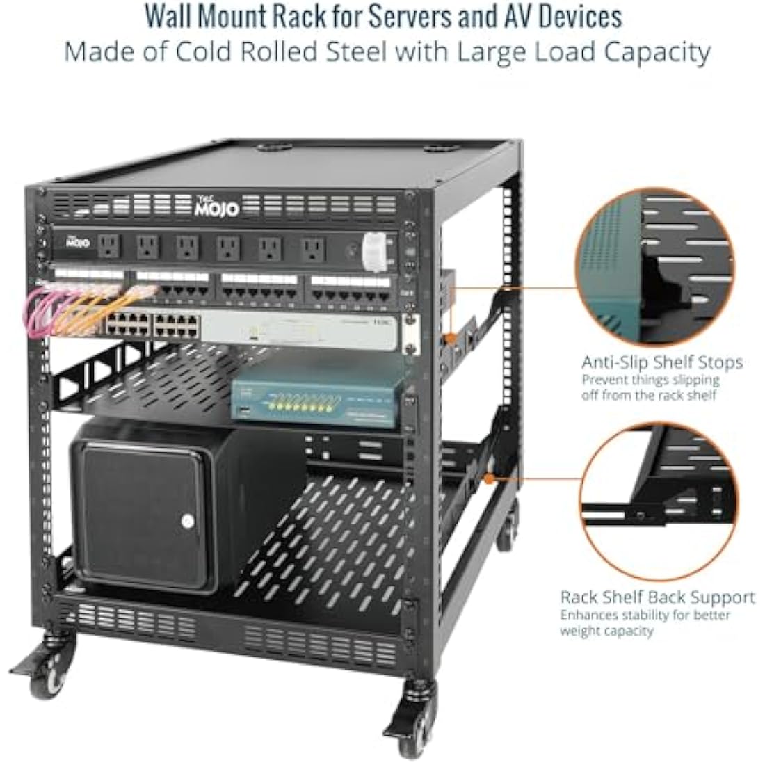 Tecmojo 12U Open Frame Network Rack, 19" Compatible, Floor Standing and Wall Mountable, with 2x 1U Server Shelf & Mounting Hardware, AV & IT Equipment Rack for for Office/Home