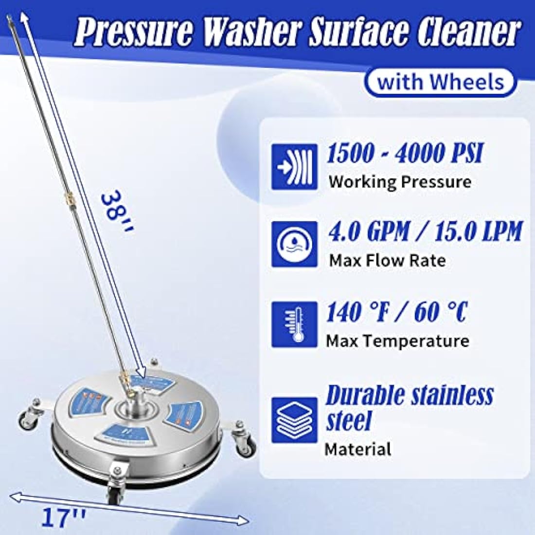 M MINGLE 17'' Pressure Washer Surface Cleaner, Driveway Pressure Washer Attachments with 2 Power Washer Replacement Wands and Nozzles, 1/4" Quick Connect, 4000 PSI