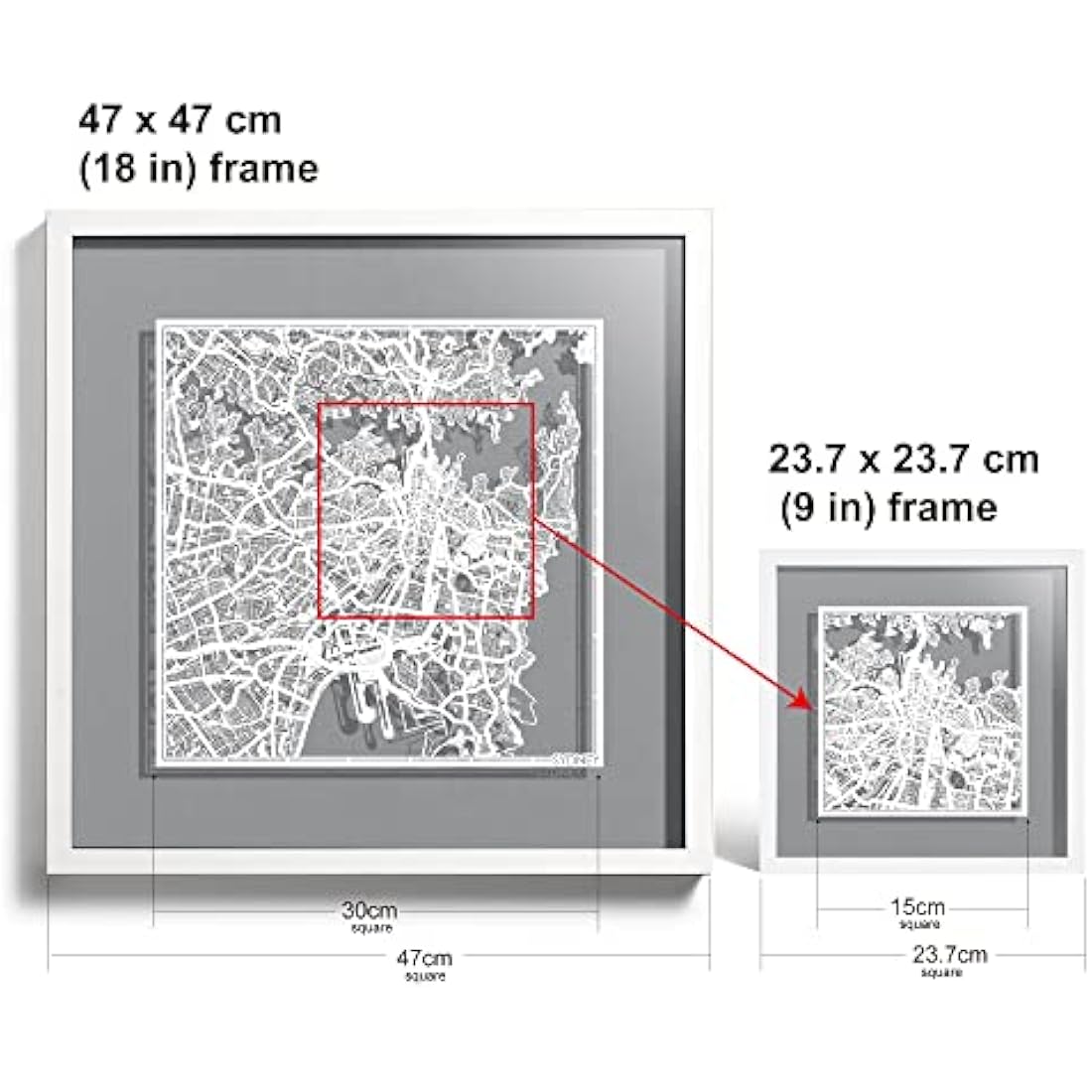 O3 DESIGN STUDIO Sydney Paper Cut Map framed, White map, White frame, 9x9 inches, Gift Boxed, 4 background color, self-changing, Paper Art