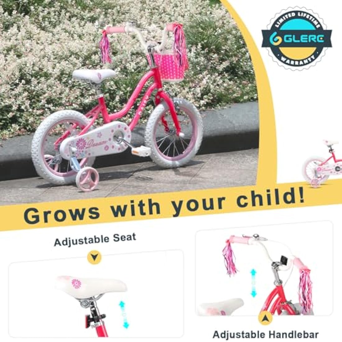 Glerc Daisy 14 Inch Girls Bike for 2-7 Years Kids with Stabilisers Basket Streamers and Bell,Multiple Colors