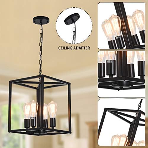 Qcyuui Vintage Lantern Pendant Light, Industrial Metal Cage Foyer Chandeliers Ceiling Lamp, 4-Light Black Hanging Pendant Lighting Fixture for Kitchen Island Farmhouse Hallway, E27