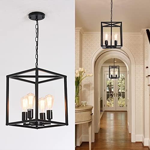 Qcyuui Vintage Lantern Pendant Light, Industrial Metal Cage Foyer Chandeliers Ceiling Lamp, 4-Light Black Hanging Pendant Lighting Fixture for Kitchen Island Farmhouse Hallway, E27