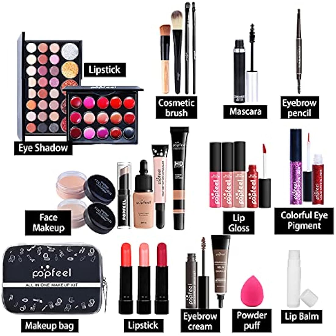 RoseFlower 28Pcs Professional Makeup Set, Essential Make up Starter Set Make-up Sets With Cosmetic bag Eyeshadow Palette Lip Gloss Concealer blush Foundation Brush
