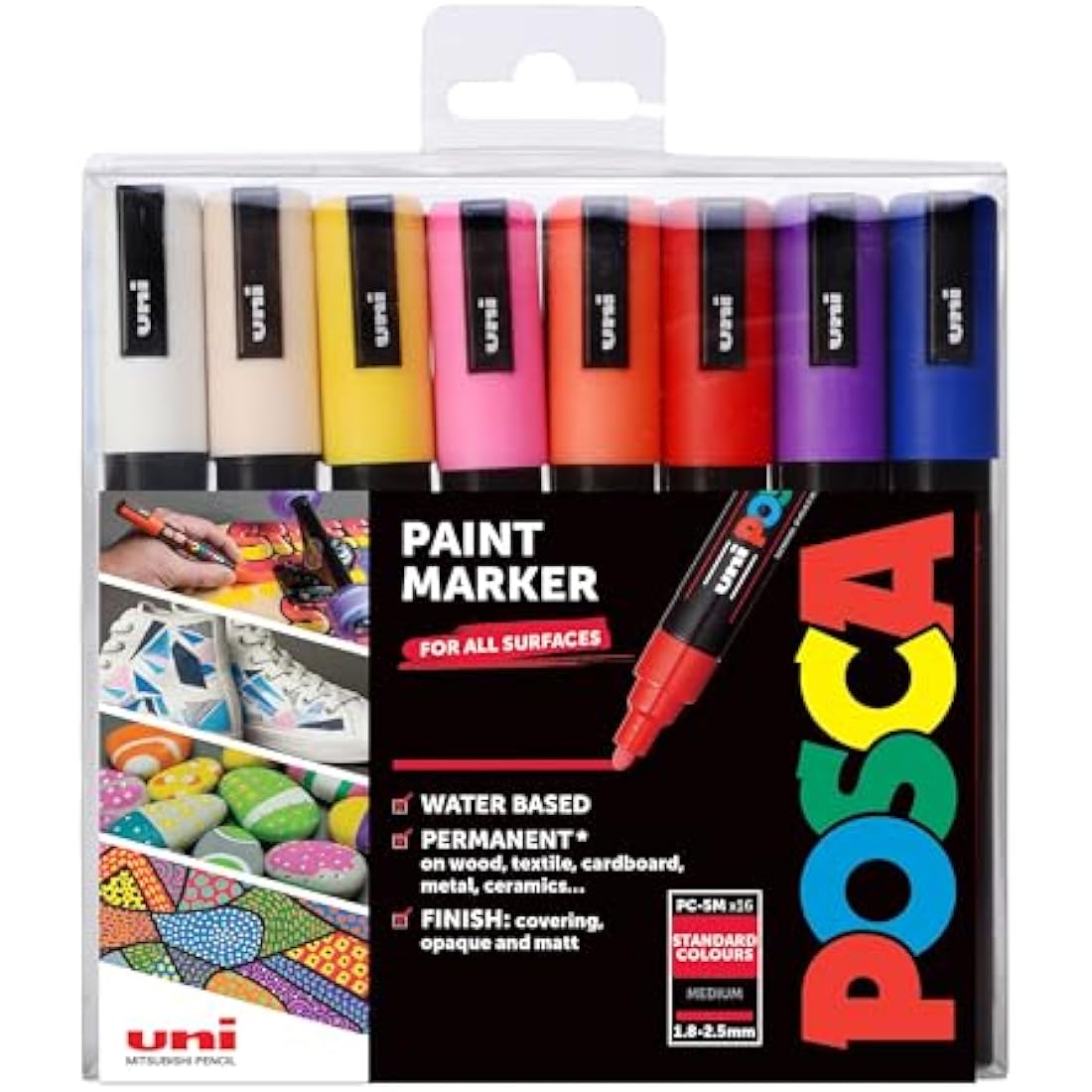 Posca Pens PC-5M Medium Acrylic Felt Tip Coloured Permanent Paint Markers for Adults and Kids. Perfect for Colouring, Fabric, Graffiti, Watercolour, Outline Drawing, Window and Glass Art. 16 Pack