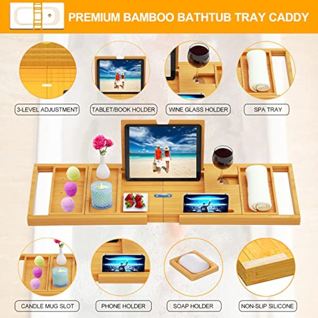 Premium Bamboo Bath Tray – Expandable Bath Caddy Tray- Adjustable Bathtub Tray Caddy,Fits Most Bathtub Sizes