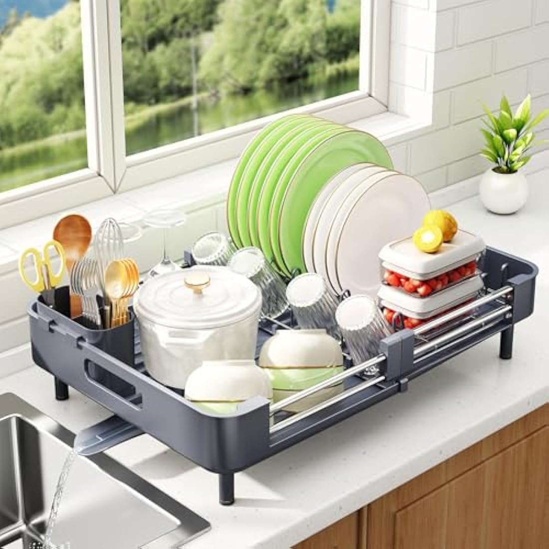 SAYZH Dish Drainer Rack, Kitchen Dish Drying Rack, Expandable(33.5 CM-50 CM) Stainless Steel Sink Organizer Dish Rack and Drainboard Set with Utensil Holder Cups Holder for Kitchen Counter(Grey)
