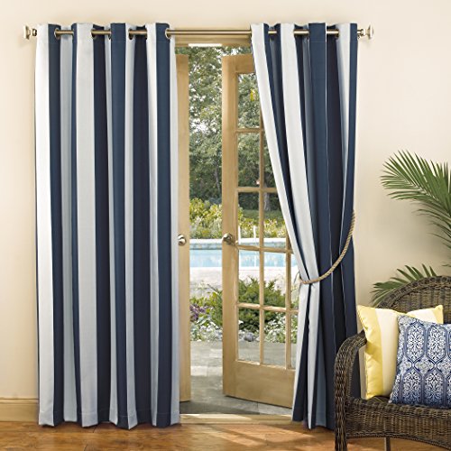 Sun Zero Valencia 2-Pack Cabana Stripe Indoor/Outdoor UV Protectant Energy Efficient Grommet Curtain Panel Pair, 54" x 108", Indigo