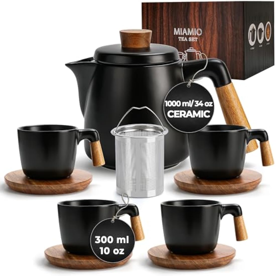 MIAMIO – 1000 ml Ceramic Tea Pot Set with Infuser and Cups/Tea Strainer, 4 Ceramic Tea Mugs (300 ml), Bamboo Saucers/Handle for Home and Office (Black)