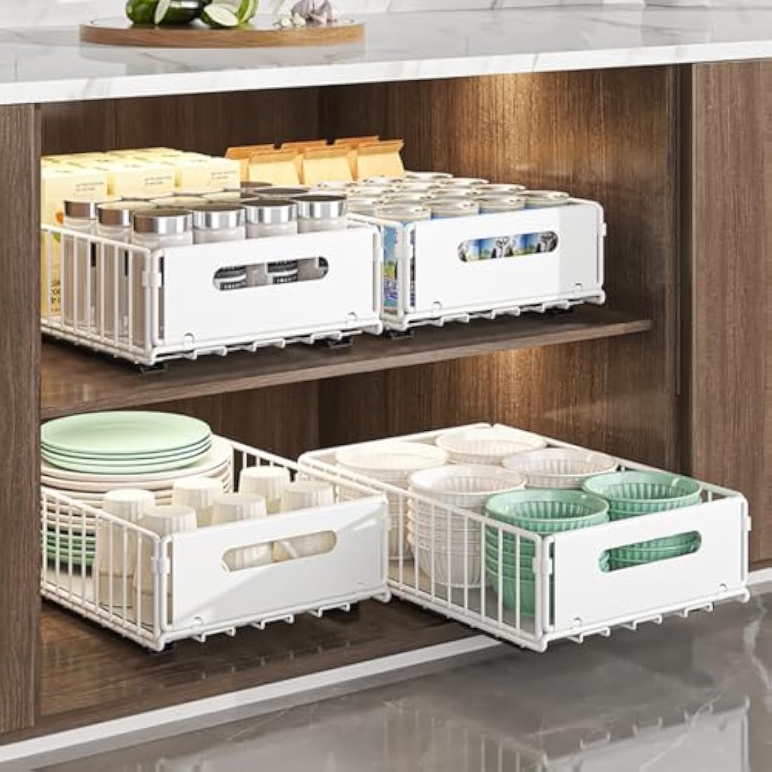YunNasi Pull Out Cabinet Organizer Slide Out Drawer Storage Shelves Cupboard Organiser Sliding Cabinet Basket for Kitchen with Silent Slide No Drilling and Nailing (White, 2Piece 38Dx25Wx10H CM)