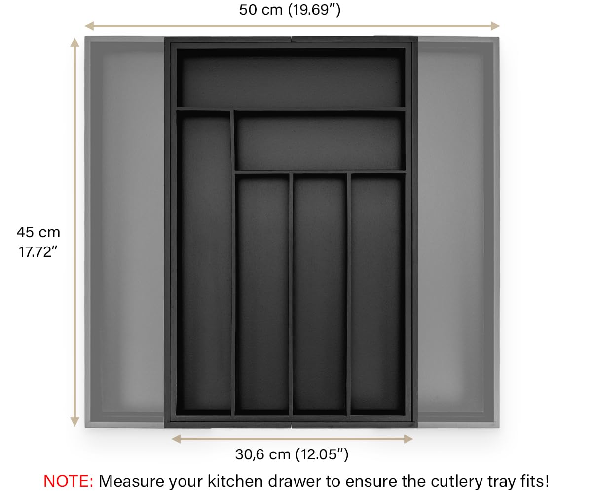 budu Cutlery Tray #45 (Depth 45 cm) Made of Bamboo - Black - Drawer Organiser System for the Kitchen - Cutlery Tray for Bamboo Drawers - Extendable -