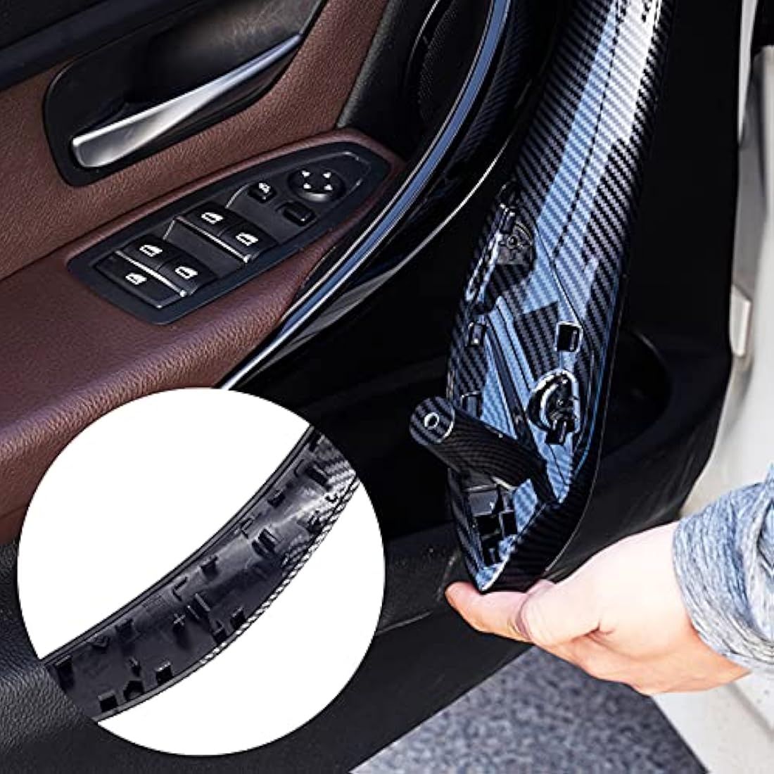 TZYSZDB Black F30 328i Car Door Handle for BMW F30 F31 F32 F33 F34 F36 F80 Inner Door Panel Handles (Front Left) (F30 Front Left, Carbon Fiber)