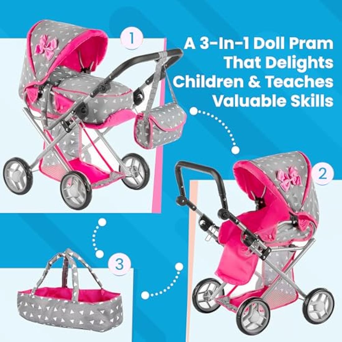 Kinderplay Dolls Pram | 3-in-1 Toy Pram | Baby Doll Pram - Toy Pushchair | Dolls Buggy | Dolls Pushchair | Doll Stroller with Adjustable Handle (36.5-64 cm), model KP0200S
