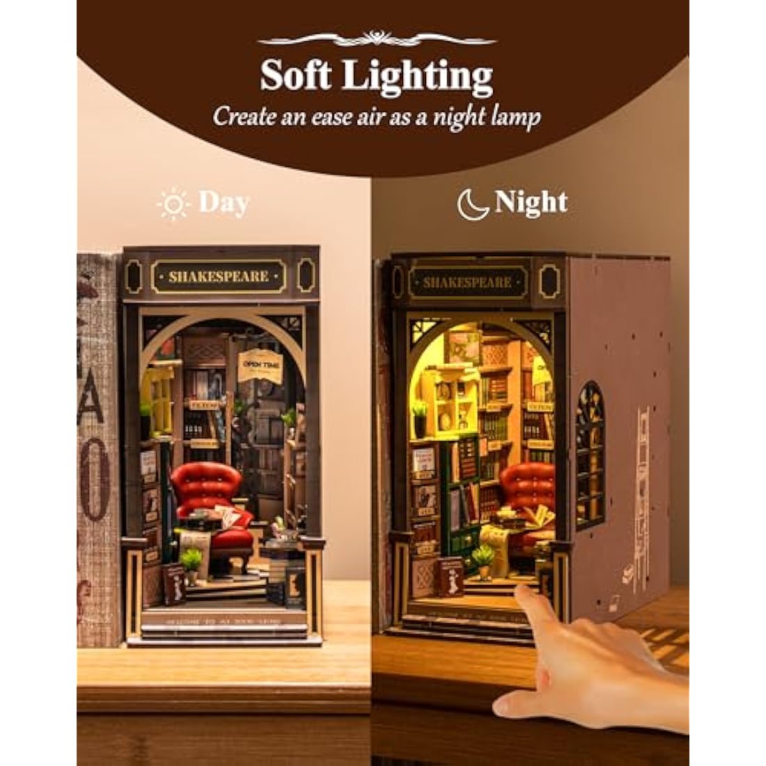 Rolife Book Nook Kits for Adults Shakespeare's Bookstore 3D Puzzles Miniature Dollhouse Models Kit for Adults to Build Bookshelf Decoration Halloween Christmas Birthday Gifts for Girls