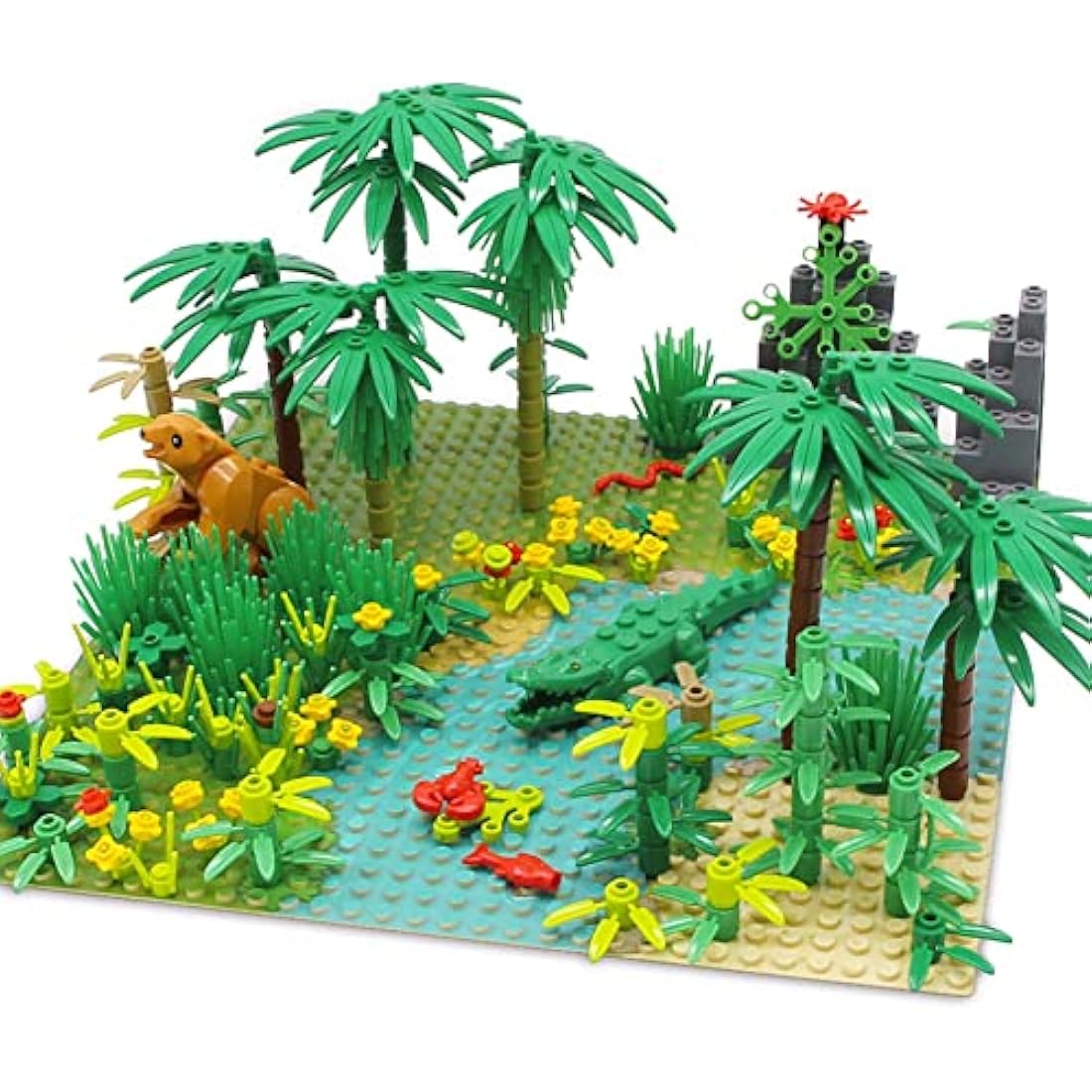 Feleph Jungle Animals Garden Building Blocks Bricks with 2 Base Plates, Forest Tree Plants Flowers Bush Wildlife Zoo Pack, Botanical Parts Toy Compatible with Major Brands