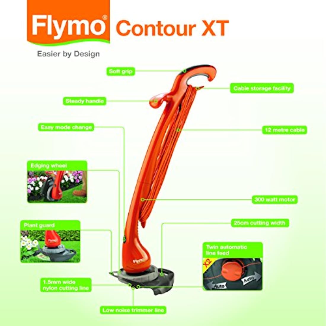 Flymo Contour XT Electric Grass Trimmer and Edger, 300 W, Cutting Width 25 cm