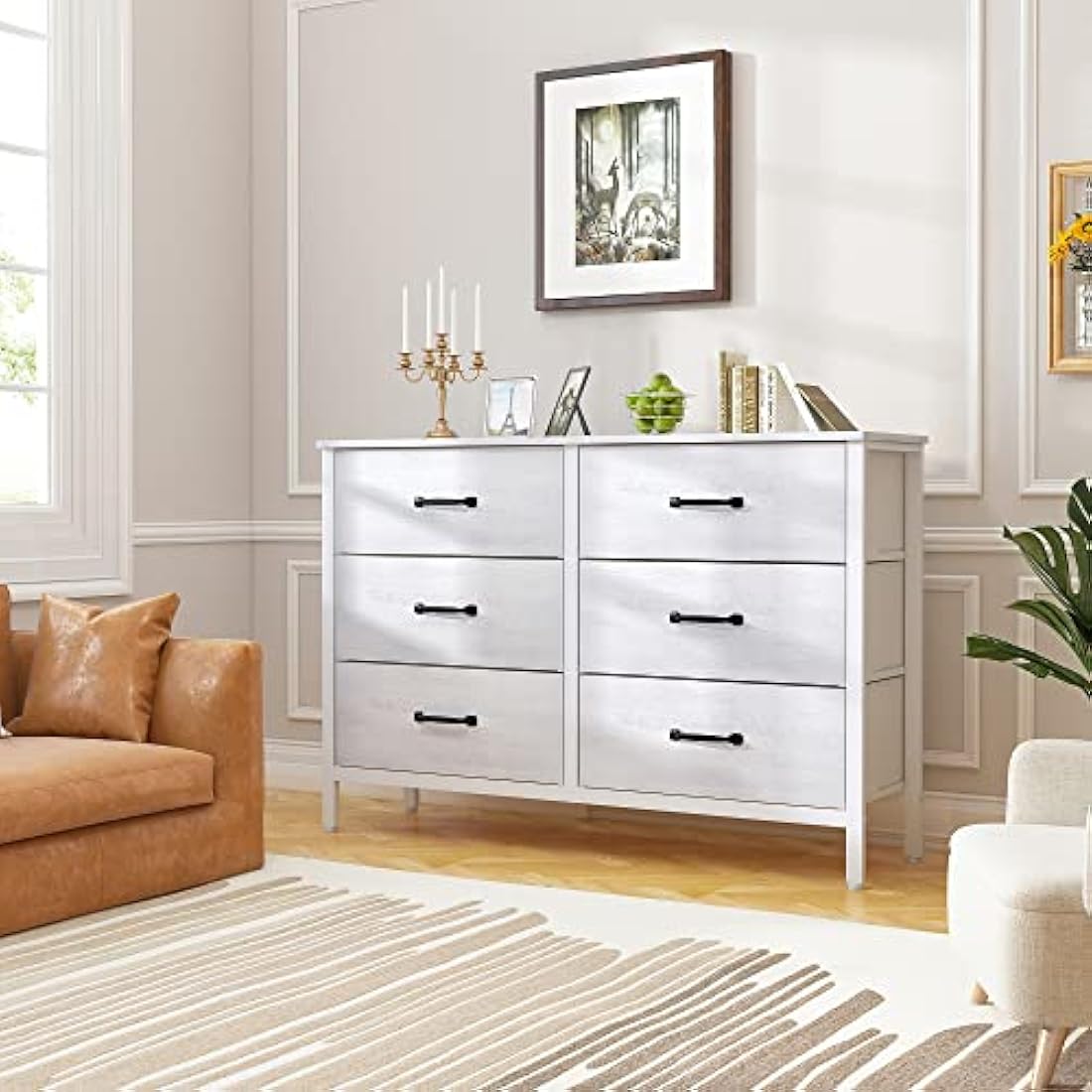 LYNCOHOME Chest of Drawers, TV Unit with 6 Drawers, TV Stand Cabinet with Deep and Large Drawers for Living Room，Bedroom, Sitting Room, White,30D x 110W x 82.5H