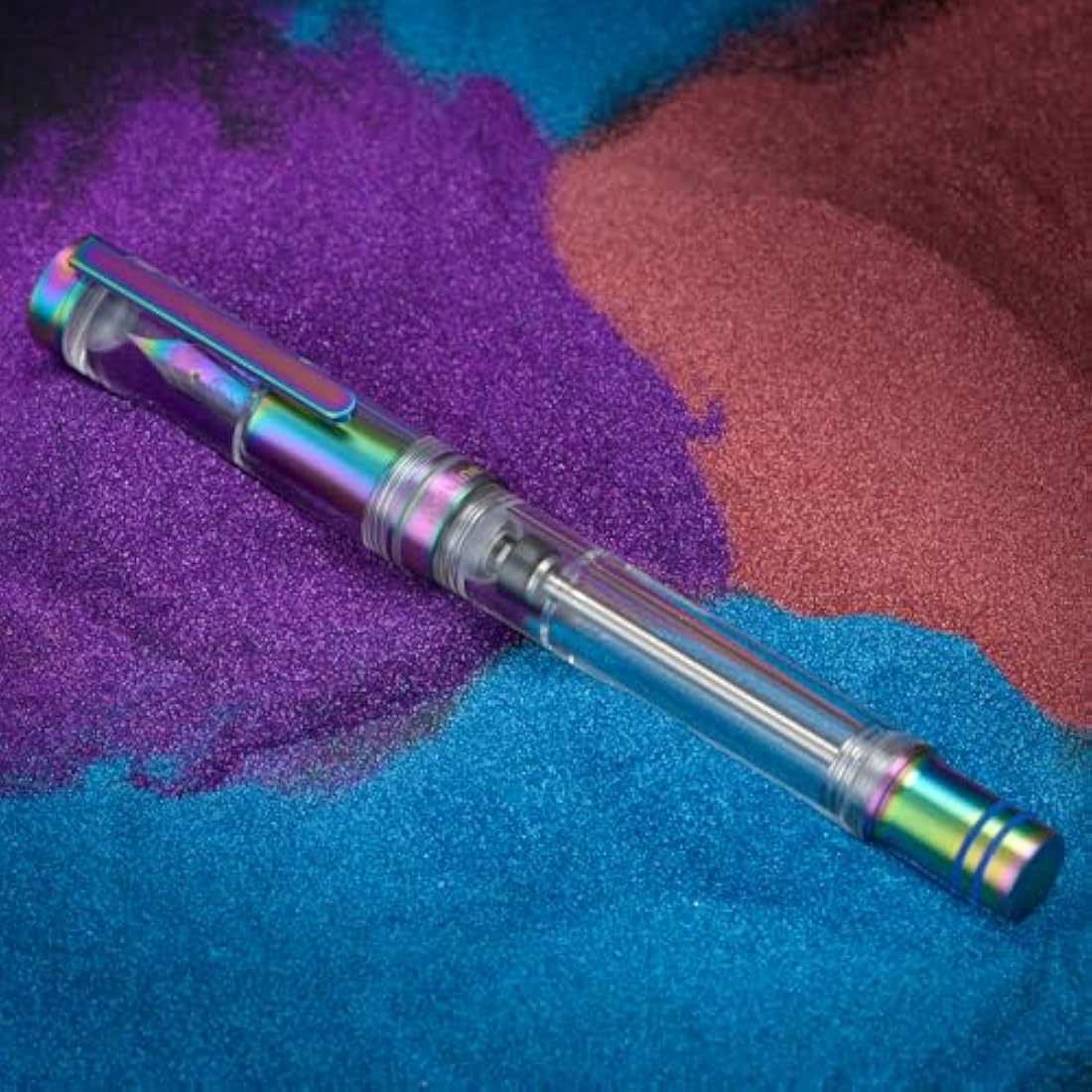 Asvine V200 Titanium Fountain Pen Vacuum Filling, Rainbow Iridium Fine Point Transparent Acrylic Smooth Writing Pen Case Set