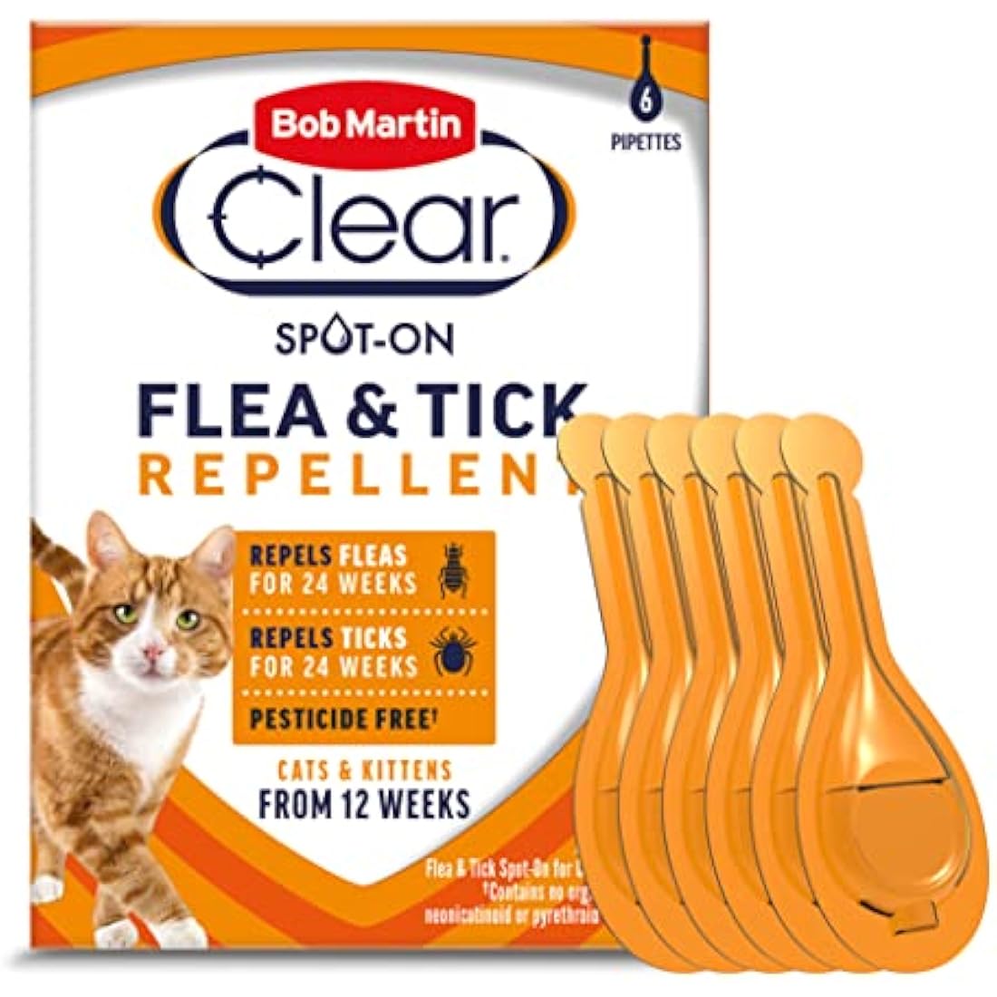 Bob Martin Clear Spot On Flea and Tick Repellent for Cats and Kittens - Pesticide-Free Protection (6 Pipettes)