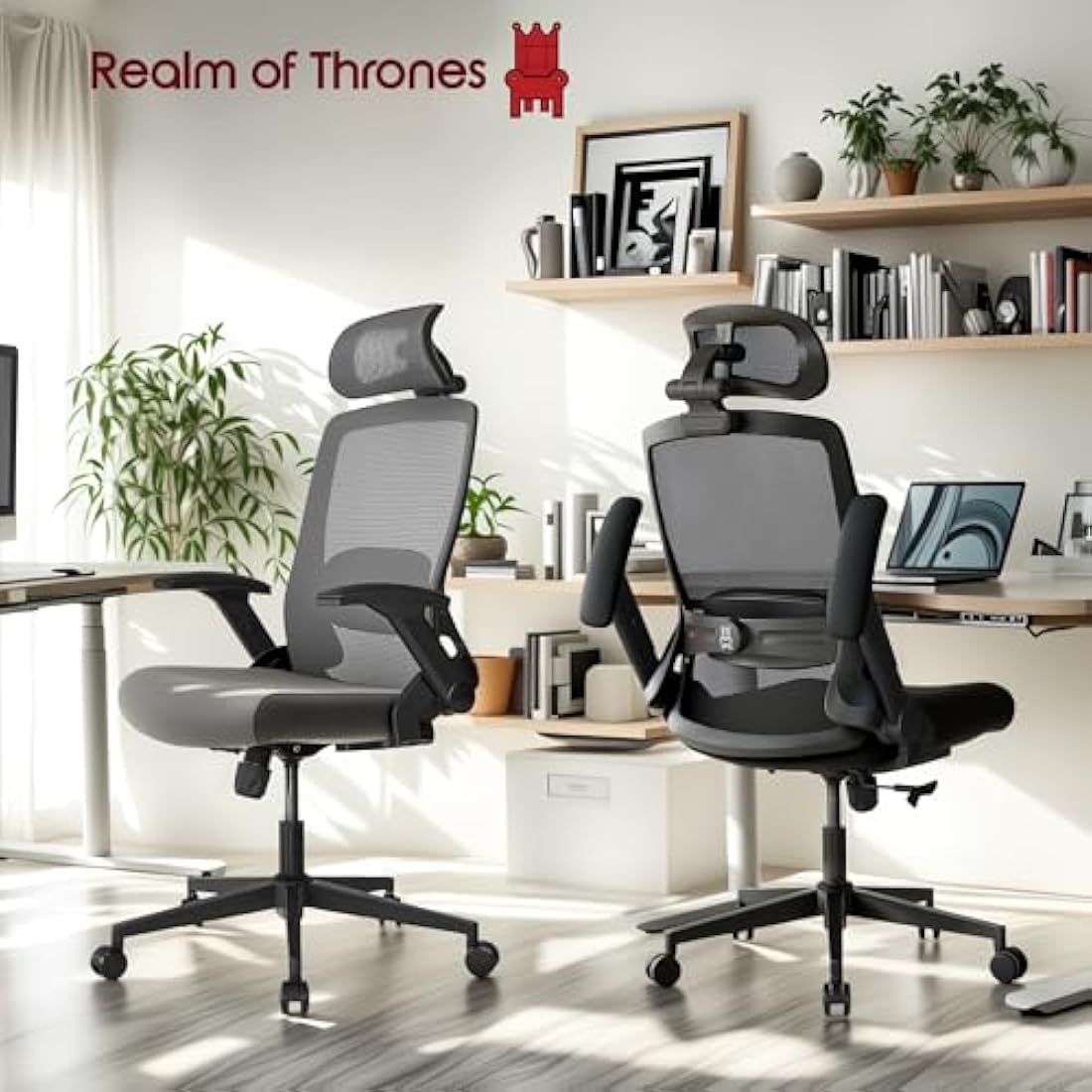 Realm of Thrones VALOUR Ergonomic Office Chair for Home, Gaming Desk Chair, 3D Headrest/High Back Mesh/Comfort Cushion Seat/2D Rotating Armrests/Adjustable Lumbar Support/Heavy Duty Steel Base (Black)